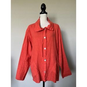 Fenini Red Linen Ribbed Cotton Funky Artsy Pockets Button Jacket Shirt Sz Large